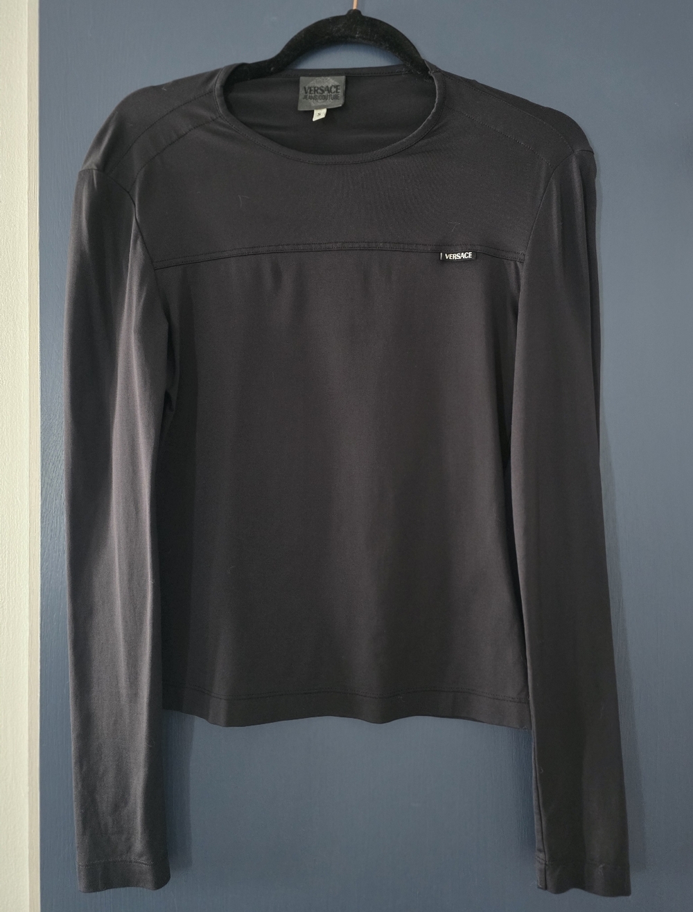Versace Vintage Black Long Sleeve Crewneck Stretchy Knit Top With Logo